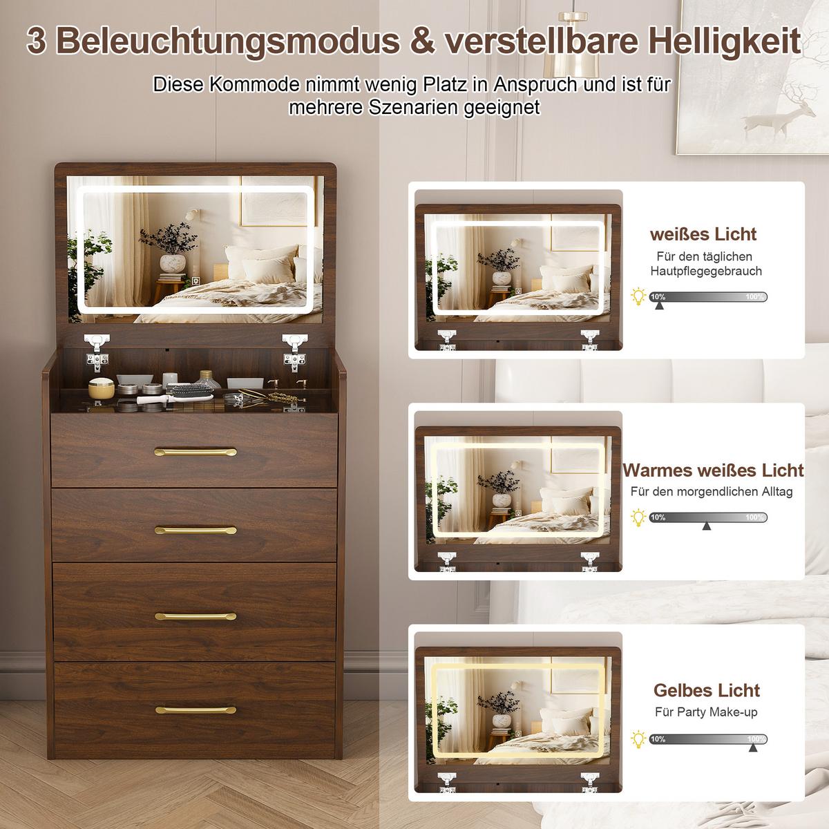SCHMINKTISCH 3-in-1 Set Walnuss-Optik & Glas mit LED-Klappspiegel & Hocker - Walnussfarben, Holzwerkstoff (60/118/40cm) - Urban Meuble