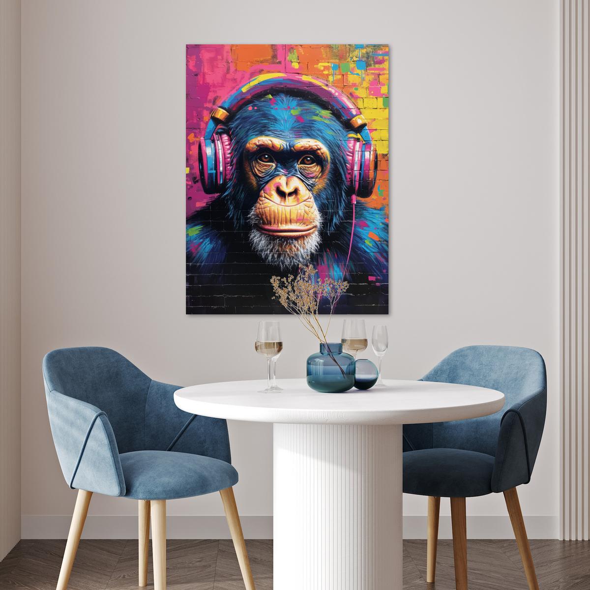 POSTER Graffiti - Schimpanse - Straßenkunst - Kopfhörer - Affe Deko Wohnzimmer 60x80 cm - Blau, Papier (60/80/0.1cm) - MuchoWow
