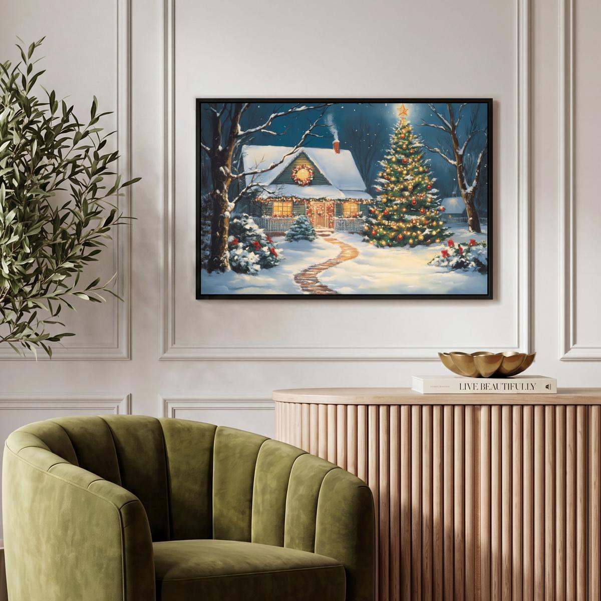 LEINWAND Bilder mit Rahmen - Weihnachten - Weihnachtsbaum - Winter - Zuhause - Schnee - 60x40 - Smaragdgrün, Textil (60/40cm) - MuchoWow
