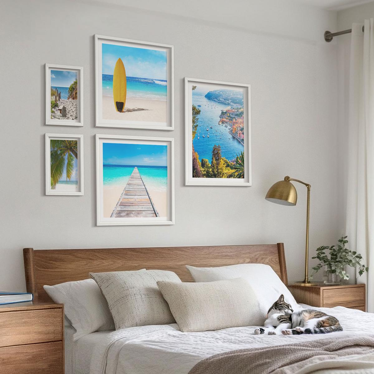 BILDER SET 5er Set - 50x50 cm & 20x30 cm & 40x60 cm Weißer Rahmen - Urlaubsblick Strand Palmen - Weiß, Kunststoff (40/60cm) - TULUP