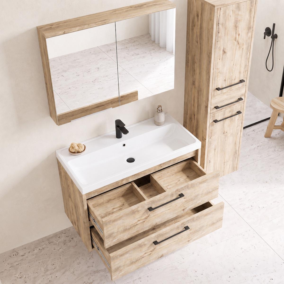 BADMÖBEL-SET Florence 3 Teile Kastanien Eiche - 80 x 35 x 51 cm - Eichefarben, Holz (80/51/35cm) - Badplaats