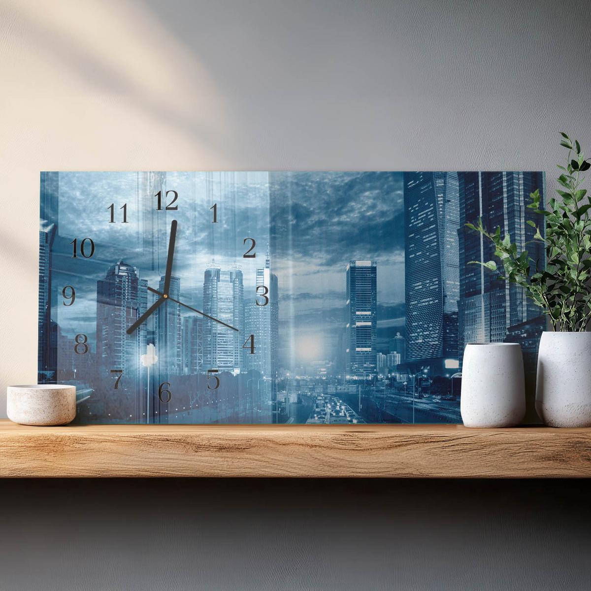 WANDUHR aus Glas 60x30 cm - Stadt bei Nacht - Blau, Glas (60/30/0.4cm) - TULUP