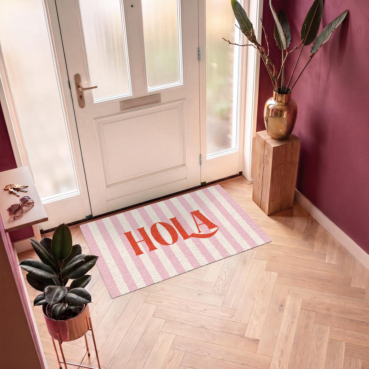 FUSSMATTE Hola - Zitat - Streifen - Pastell - Rosa - Rot - Weiß Schmutzfangmatte 120x80 cm - Rosa, Kunststoff (120/0.4cm) - MuchoWow