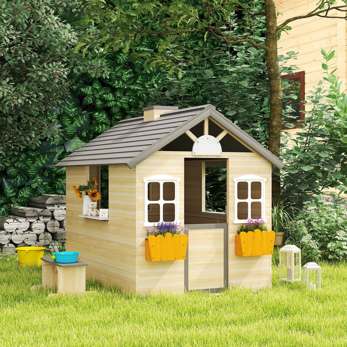 SPIELHAUS für Kinder Holz Kinderspielhaus mit Fenster Briefkasten Holzspielhaus - Naturfarben, Holz (94/134.5/113cm) - Outsunny