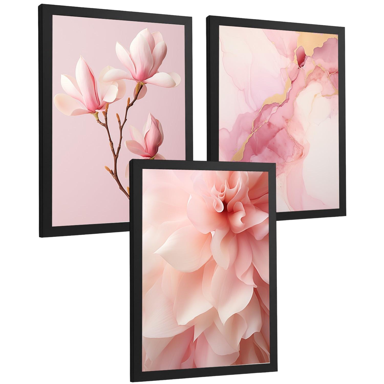 POSTER 3er-Set Wandbilder Orchidee Marmor modern Wohnzimmer Deko, Schlafzimmer, Küche, Badezimmer Schwarzer Rahmen A3 - Schwarz, Papier (29.7/1/42cm) - Nacnic