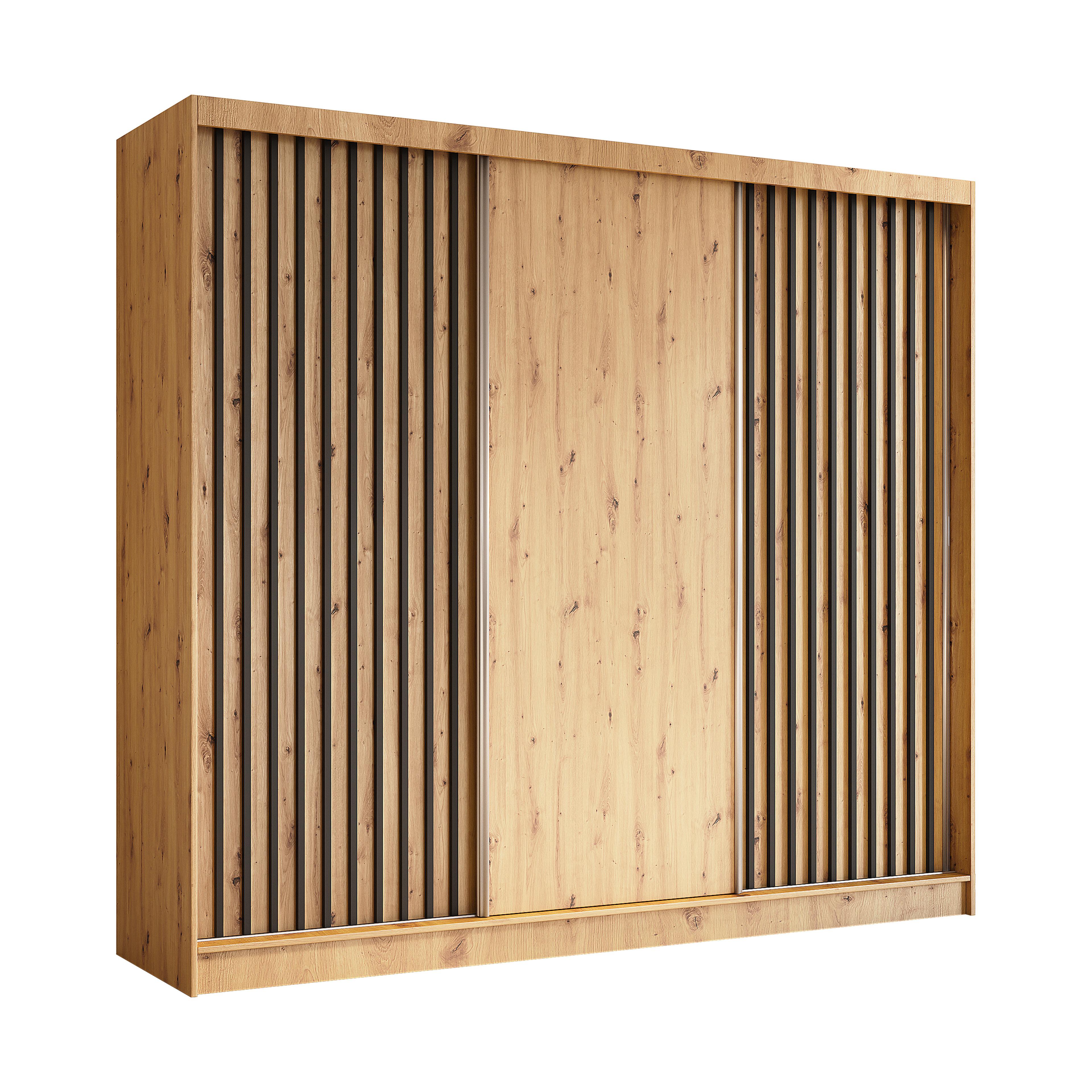 KLEIDERSCHRANK mit furnierten Schiebetüren und Aluminium-Leisten, LED-Beleuchtung - LABELO - 240 cm Artisan+Artisan+Schwarz - Schwarz/Eiche Artisan, Holzwerkstoff (240/216/61cm) - ALTDECOR