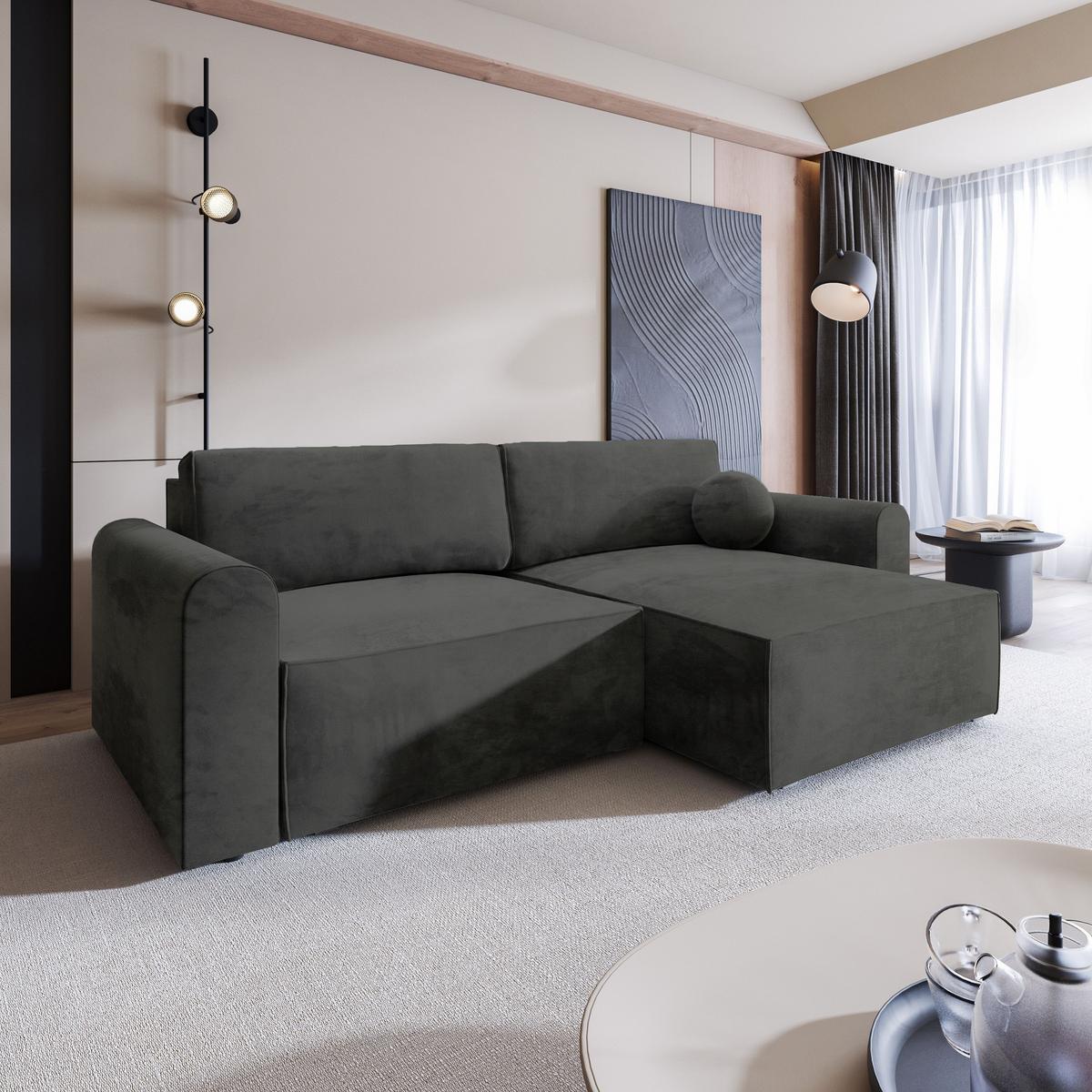 ECKSOFA FIANO M Schwarz Velours-Stoff mit Schlaffunktion - Schwarz/Grau, Holz/Kunststoff (245/148cm) - MASSENO