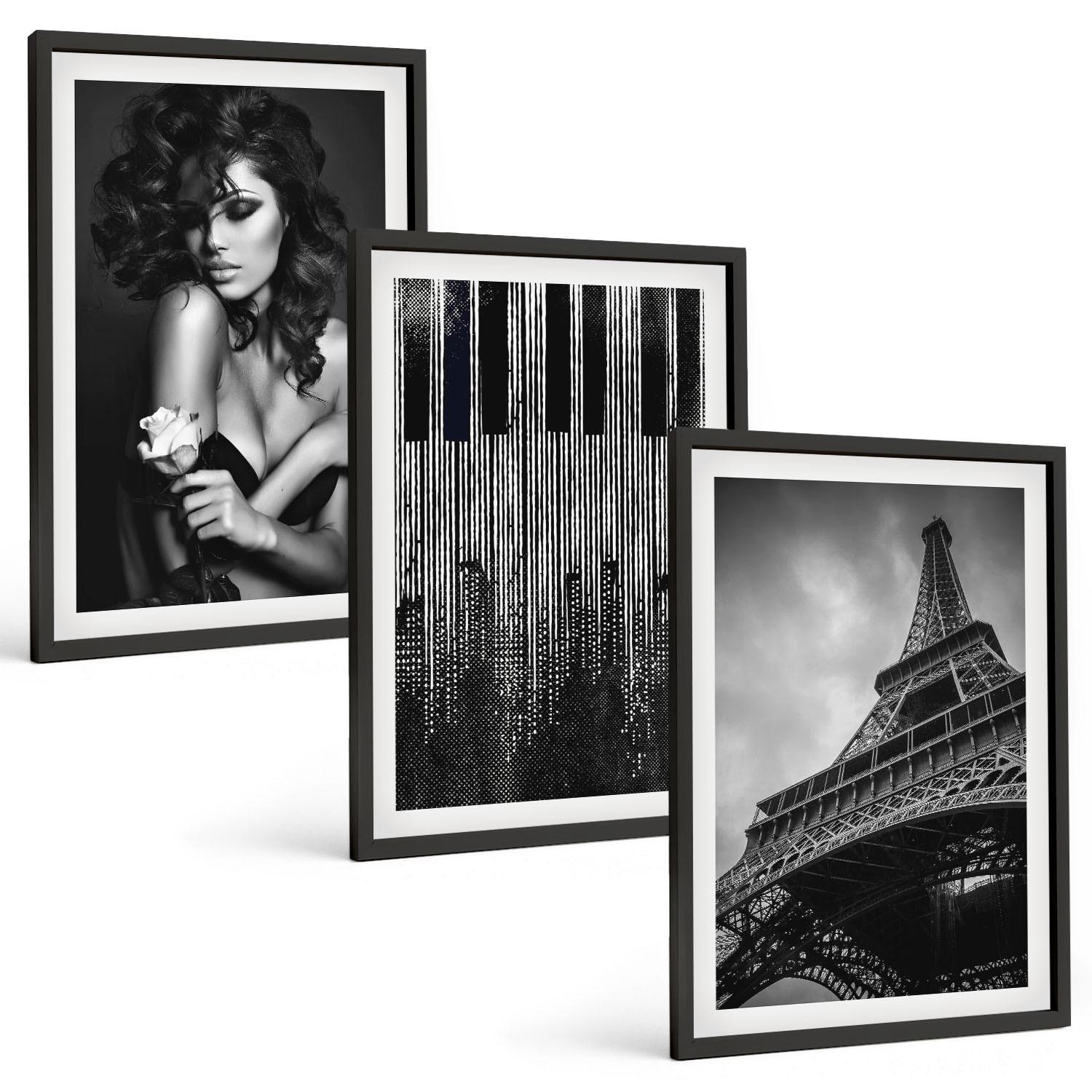 BILDER SET 3er Set - 40x60 cm Schwarzer Rahmen - Porträt einer Frau mit einer Eiffel-Rose - Schwarz, Kunststoff (40/60cm) - TULUP