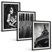 BILDER SET 3er Set - 40x60 cm Schwarzer Rahmen - Porträt einer Frau mit einer Eiffel-Rose - Schwarz, Kunststoff (40/60cm) - TULUP