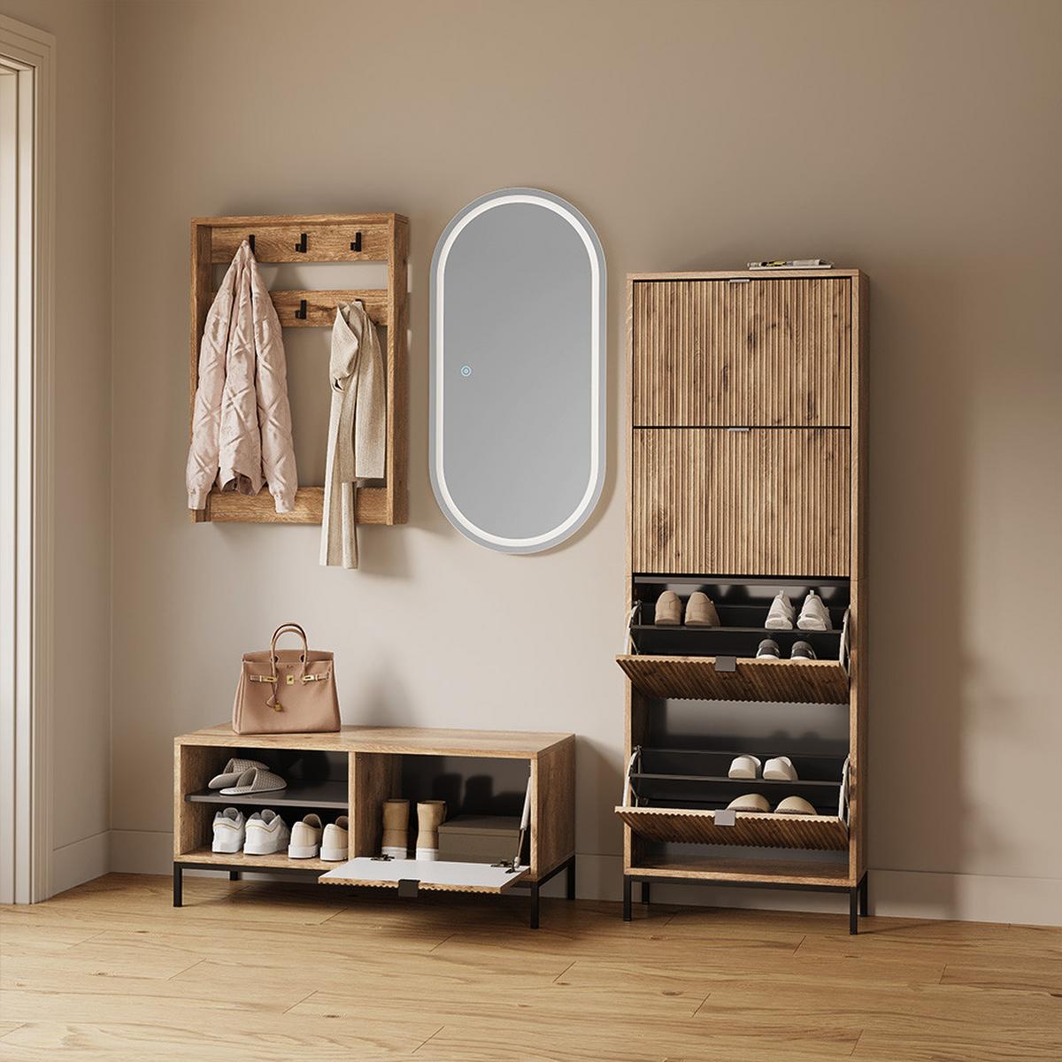 SCHUHKIPPER Aterno Viking Oak 60 x 168 cm mit 4 Klappschubladen - Eichefarben, Holzwerkstoff (60/168/24cm) - Livinity®