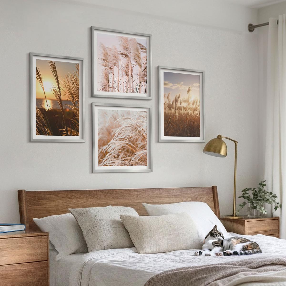 BILDER SET 4er Set - 50x50 cm & 40x60 cm Silberner Rahmen - Boho-Grasfeld-Sonnenuntergang - Silberfarben, Kunststoff (50/50cm) - TULUP