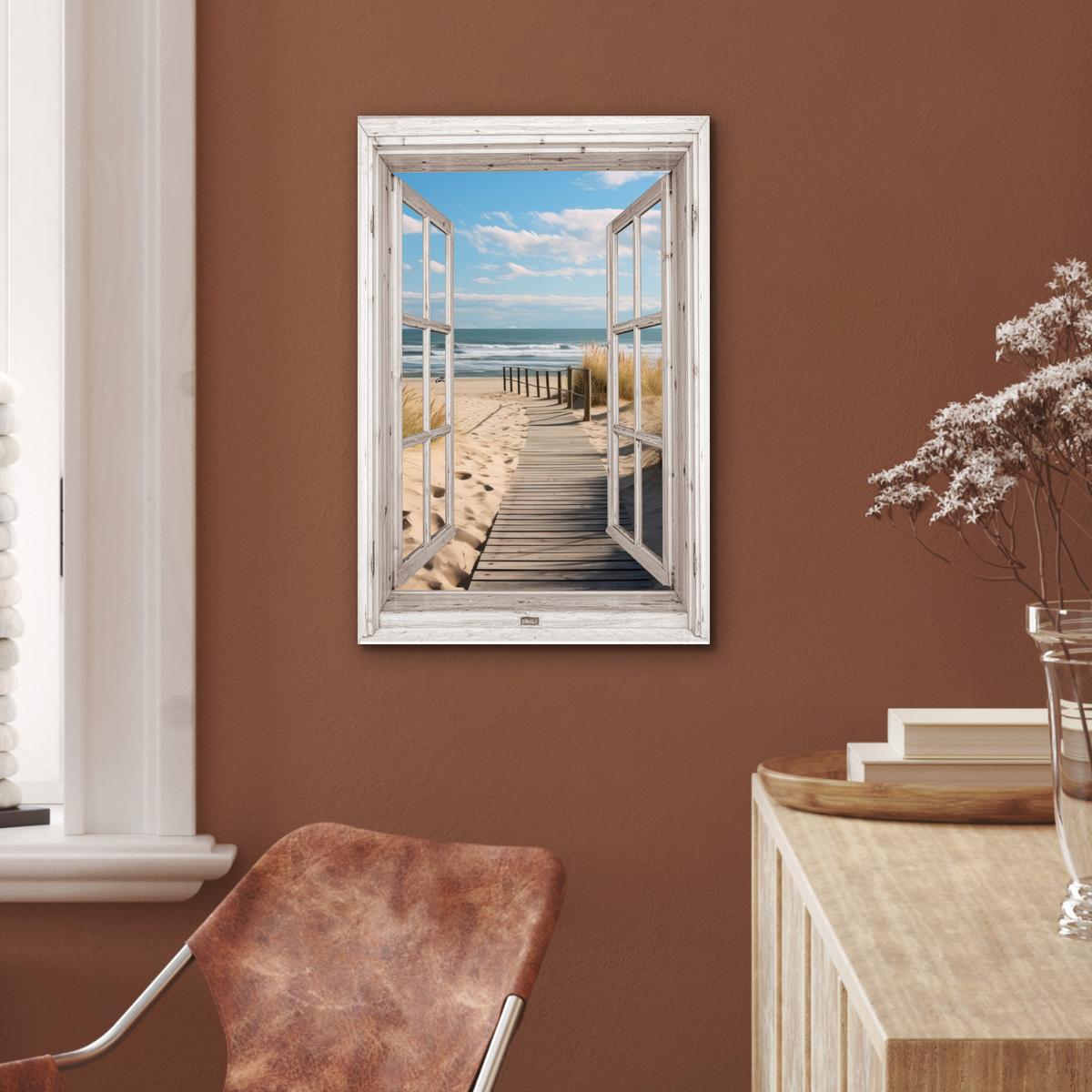 METALLBILD Fenster - Meer - Küste - Natur - Ausblick - Strand - Wattenmeer Deko Schlafzimmer 40x60 cm - Beige, Metall (40/60cm) - MuchoWow