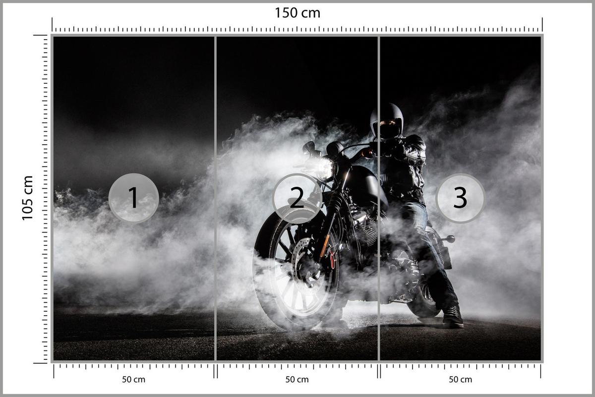 FOTOTAPETE für Jugendzimmer Motorrad Nebel Mann Straße Rauch Sport Action 150x105 - Schwarz/Weiß, Papier (150/105cm) - Muralo