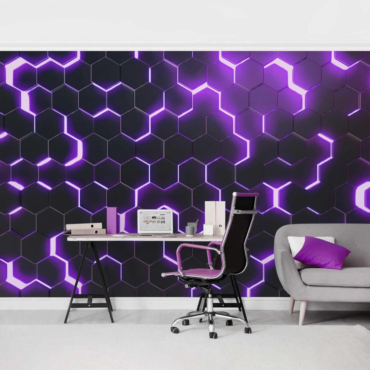 FOTOTAPETE Strukturierte Hexagone mit Neonlicht in Lila 432/290 cm - Schwarz, Papier (432/290cm) - Bilderwelten