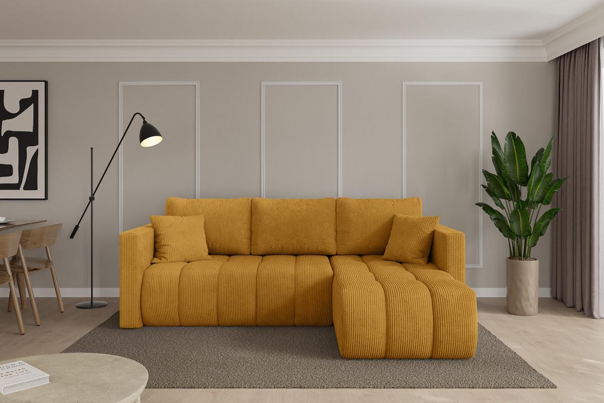 ECKSOFA mit Schlaffunktion Ottomane Rechts GARD-L 226x146x85 Senfgelb Cord - Dunkelgelb/Schwarz, Holzwerkstoff/Kunststoff (226/146cm) - ALTDECOR