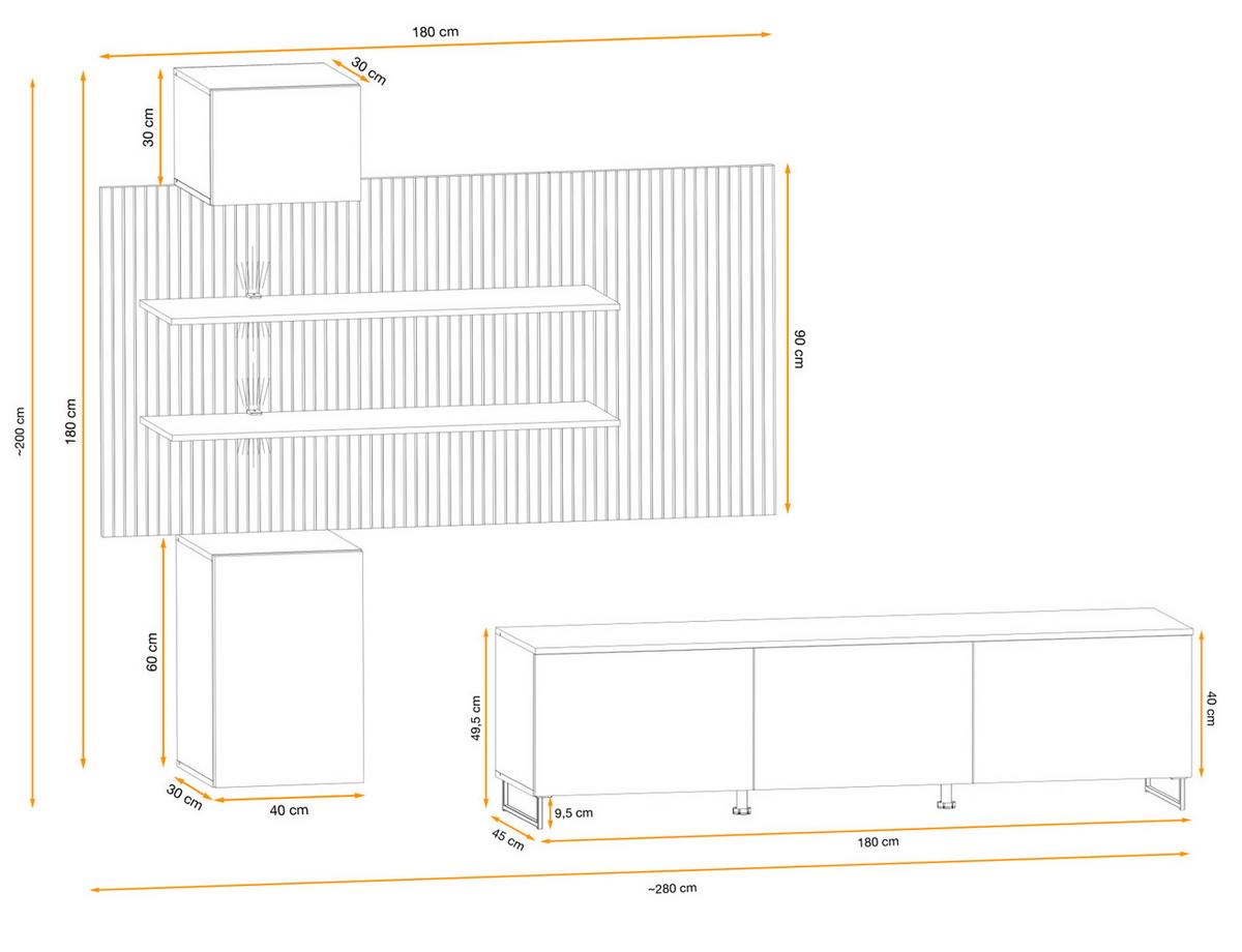 WOHNWAND 4-teilig Sand matt, Eiche Artisan 280 cm, Schrankwand hängend inklusive LED Beleuchtung - Sandfarben/Schwarz, Holzwerkstoff/Kunststoff (280/200/45cm) - Furn.Design