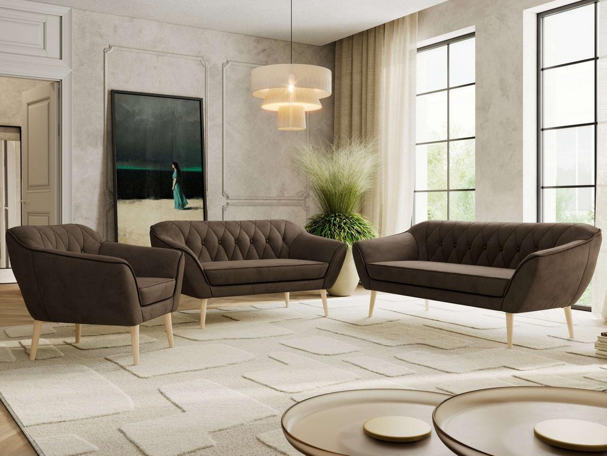 SITZGARNITUR PIRS 3+2+1 - Braun Velvet - Holzbeine - Dunkelbraun/Buchefarben, Holzwerkstoff/Textil (180/75/74cm) - MKS