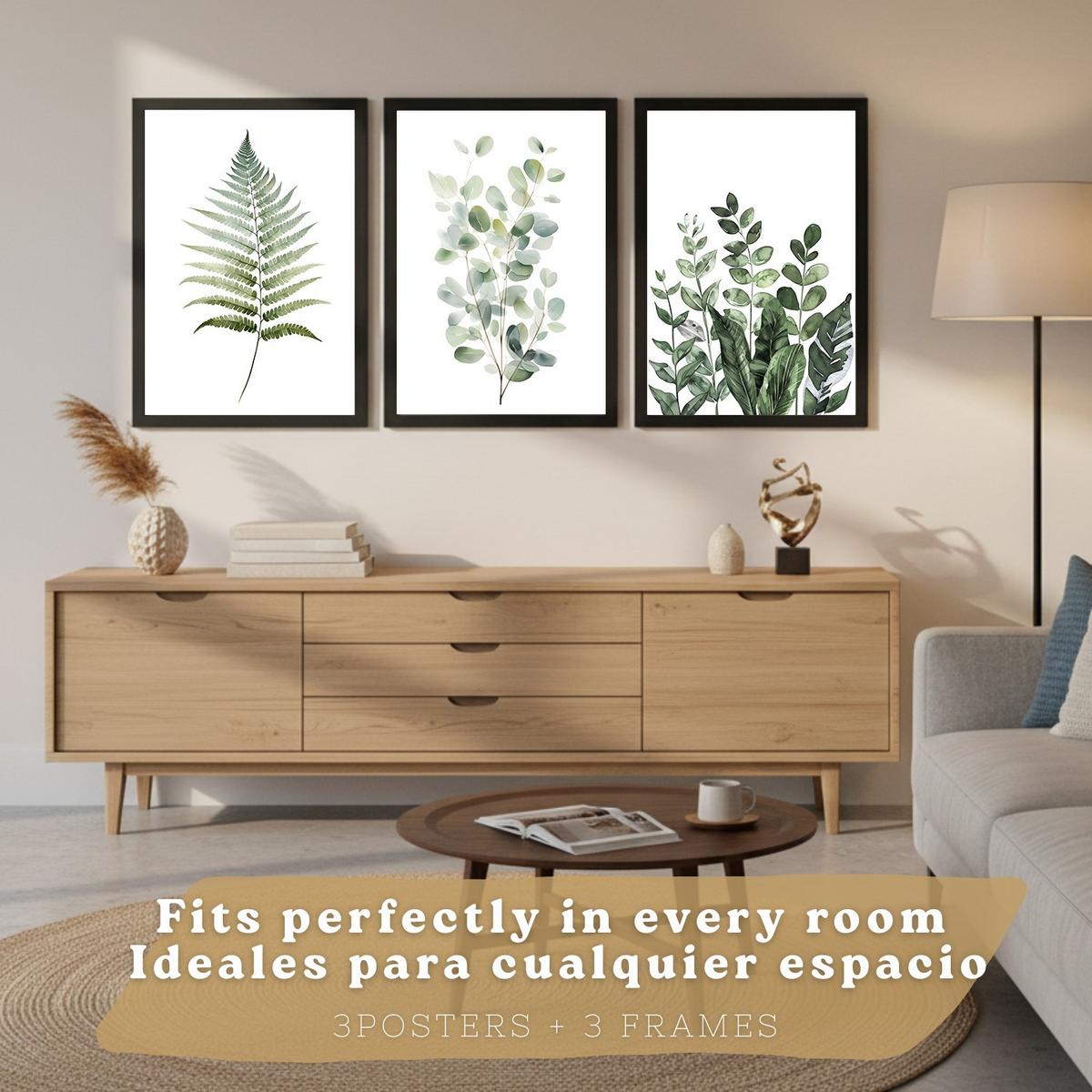 POSTER 3er Bilder-Set Wandbilder Botanisch Grün modern Wohnzimmer Deko, Schlafzimmer, Küche, Badezimmer Schwarzer Rahmen A4 - Schwarz, Papier (29.7/1/21cm) - Nacnic
