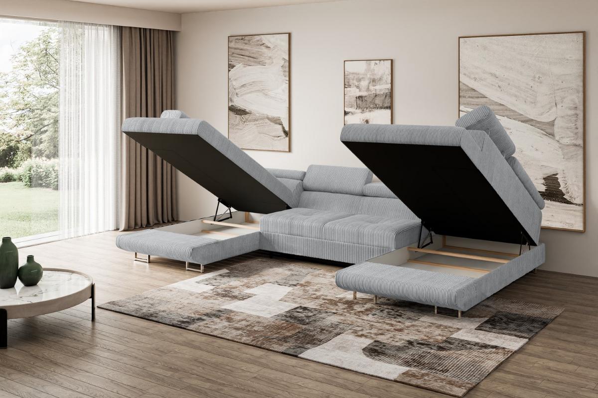 WOHNLANDSCHAFT mit Schlaffunktion und Bettkasten GUSA-U 342x202x107 cm Grau Cord - Silberfarben/Grau, Holzwerkstoff/Textil (342/107/202cm) - ALTDECOR