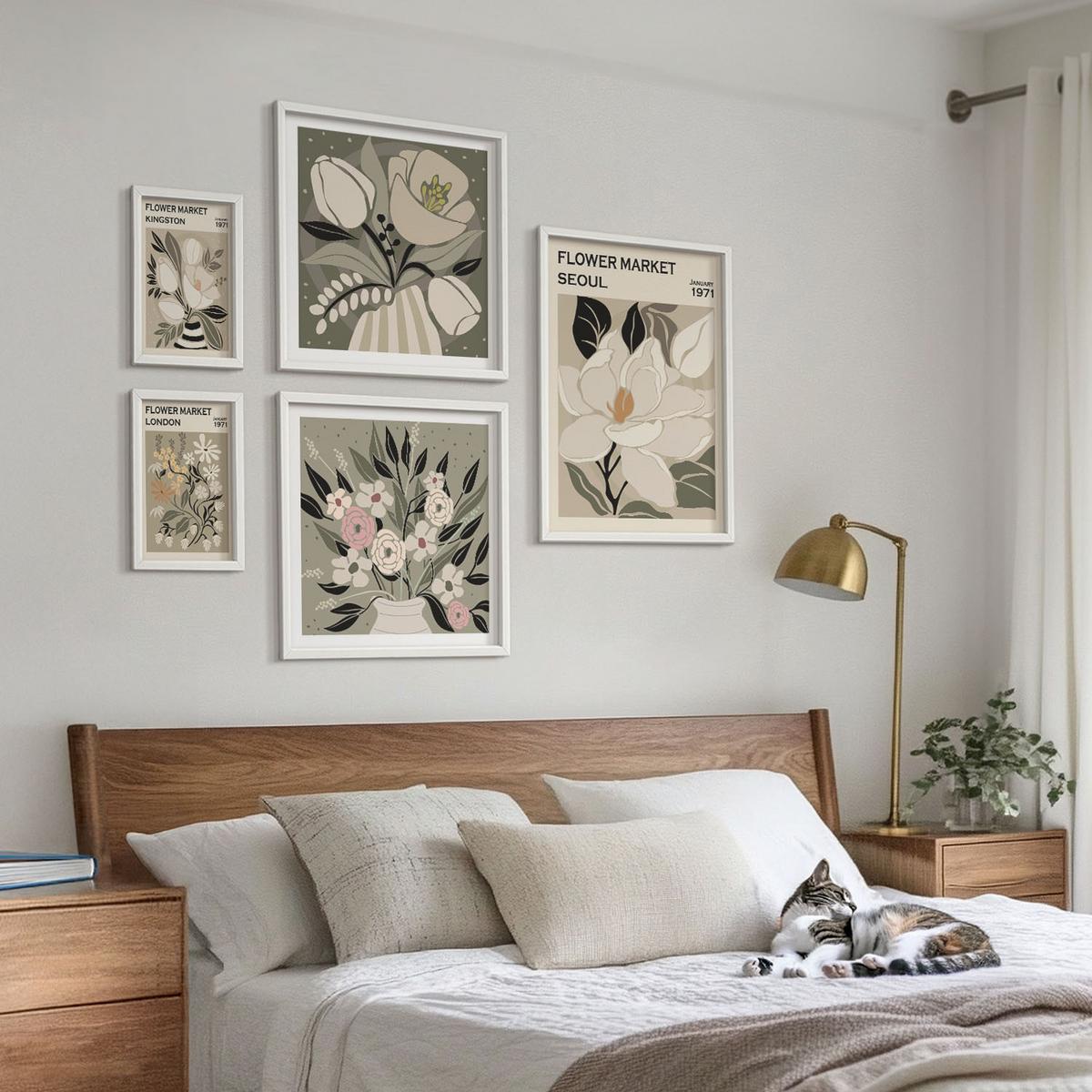 BILDER SET 5er Set - 50x50 cm & 20x30 cm & 40x60 cm Weißer Rahmen - Retro-Blumen aus Städten rund um die Welt - Weiß, Kunststoff (40/60cm) - TULUP