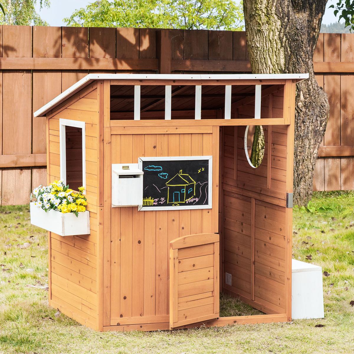 SPIELHAUS für Kinder Holz Kinderspielhaus mit Fenster Briefkasten Blumentopfrack - Naturfarben, Holz (108/135.5/122cm) - Outsunny