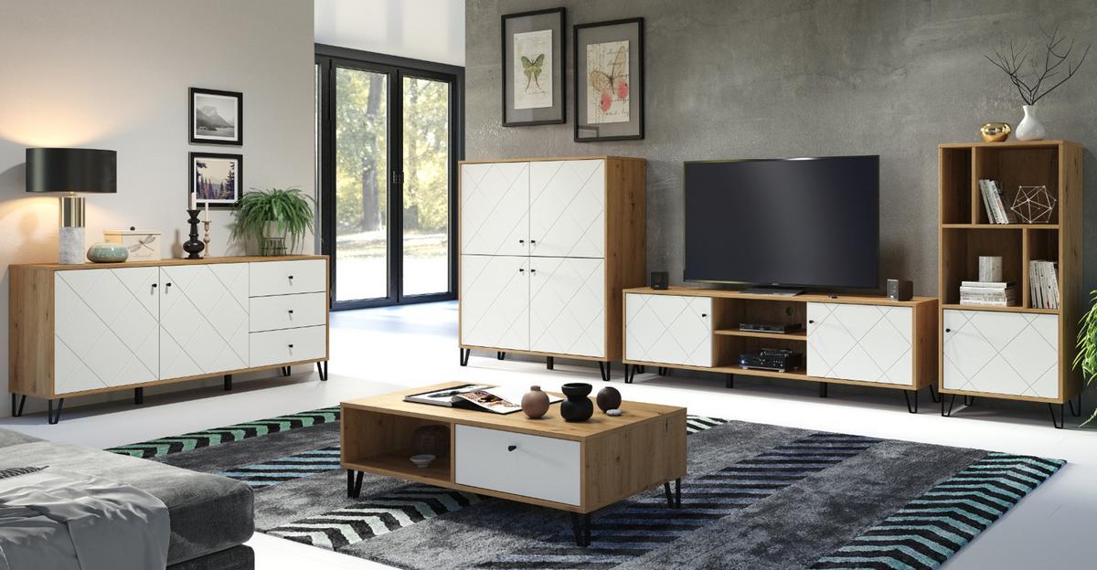 HIGHBOARD weiß matt mit Rautenoptik, Eiche Artisan 123 x 136 cm, Kommode mit Soft-Close - Eichefarben/Schwarz, Holzwerkstoff/Kunststoff (123/136/40cm) - Top.Furn