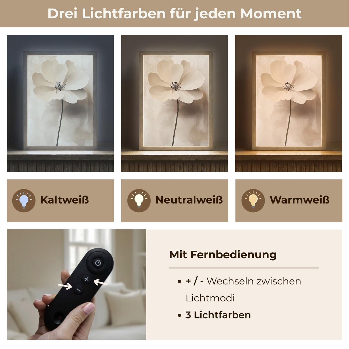 WANDLEUCHTE MIT AKKU Blume - Beige - Farbe - Schatten 30x40 cm - Beige, Holzwerkstoff (30/40/8cm) - OnlyWow