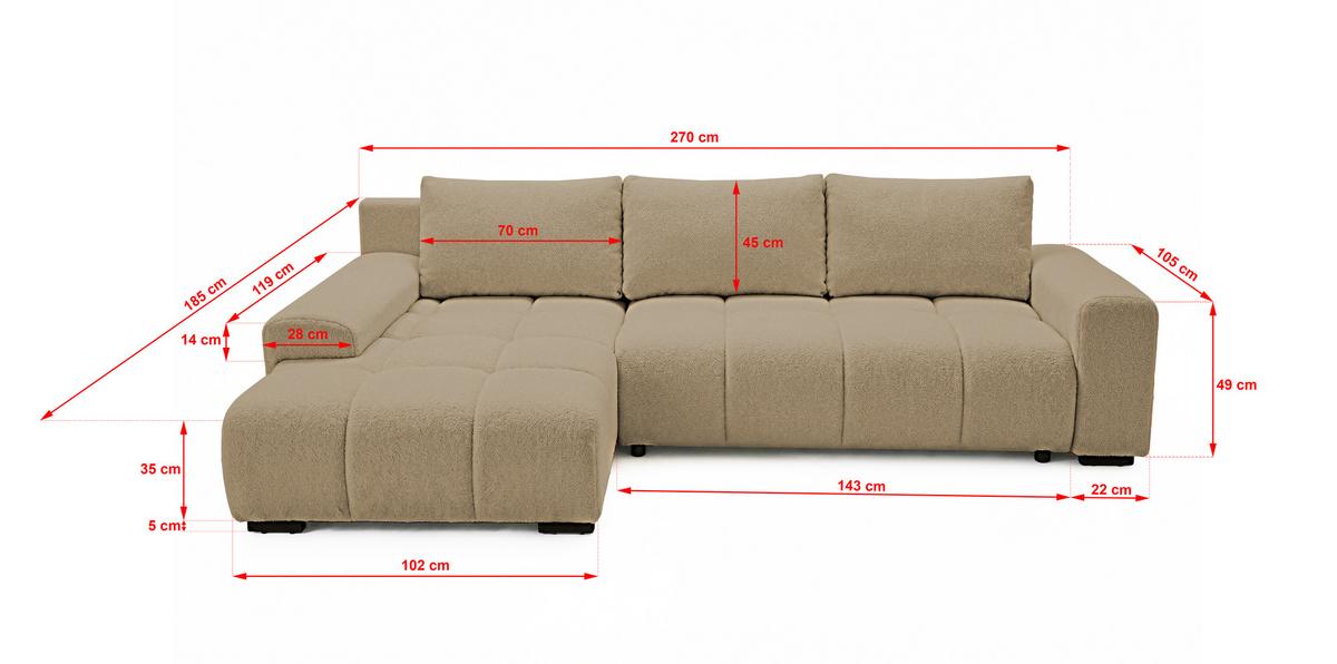 ECKSOFA Ovia mit Bettkasten und Schlaffunktion, Bouclé-Stoff in L-Form - Cappuccino, Textil (270/185cm)