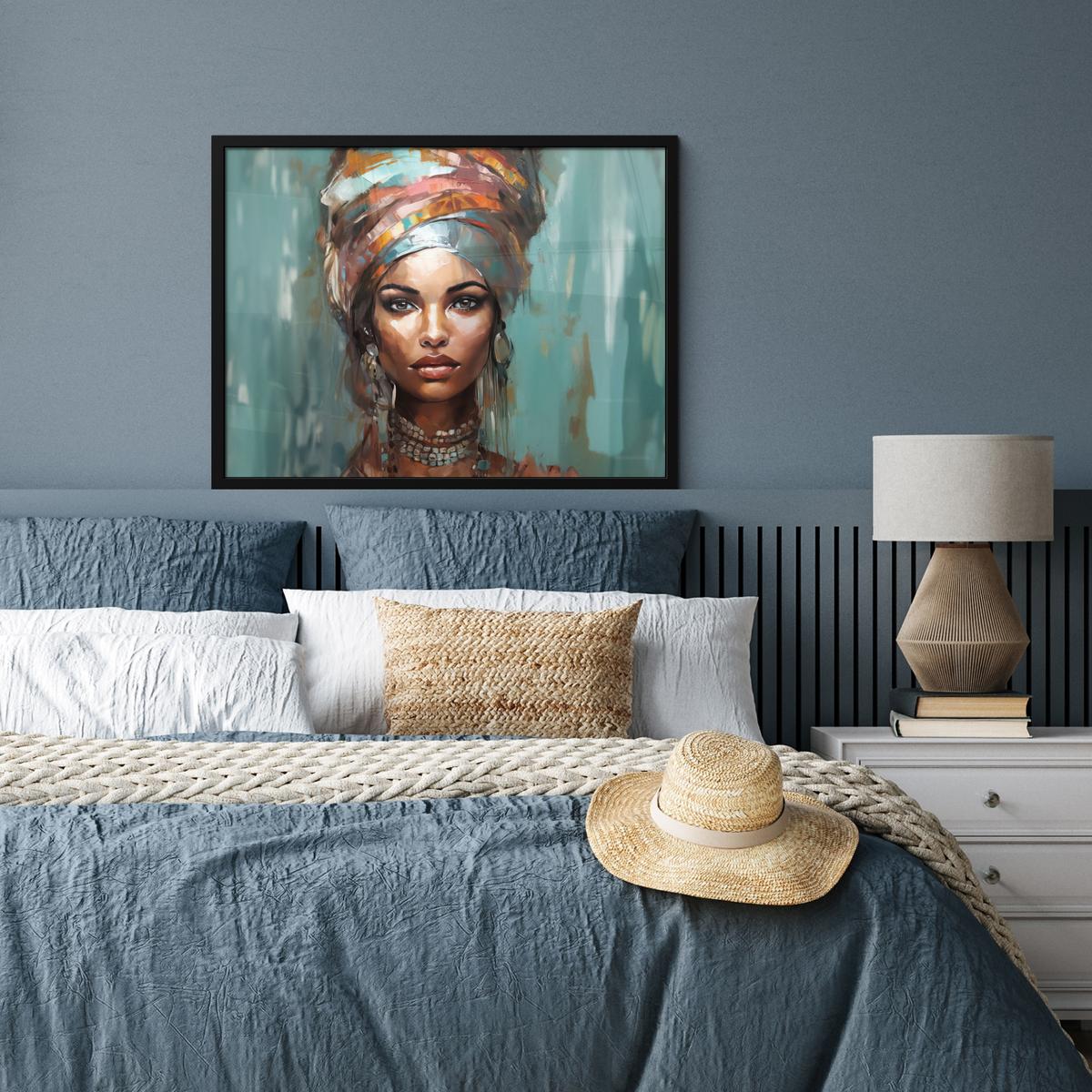 POSTER MIT RAHMENGERAHMTES BILD Frau - Kunst - Schmuck - Porträt 80x60 cm - Blaugrau, Papier (80/60cm) - MuchoWow