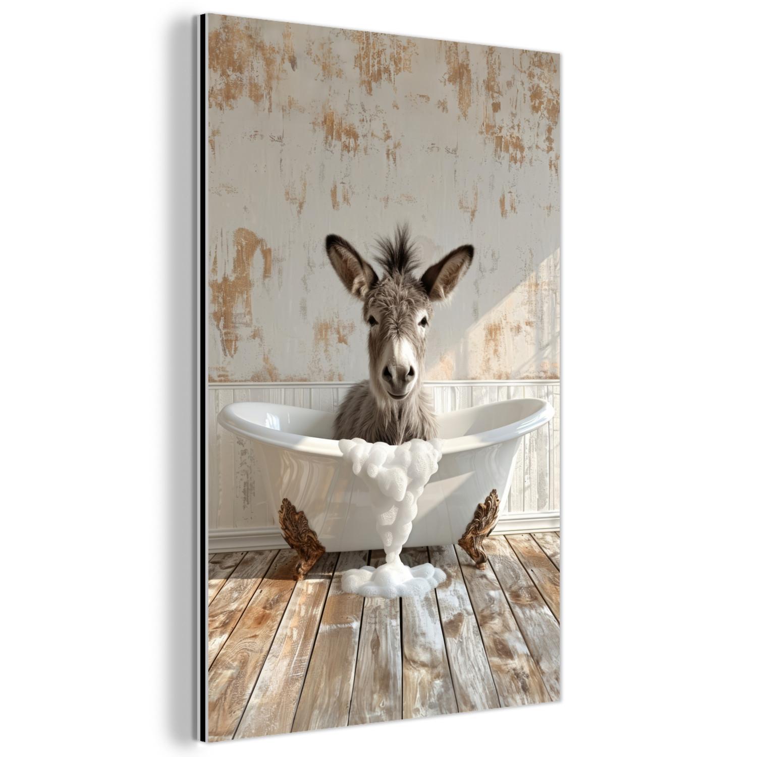 METALLBILD Esel - Tiere - Badewanne - Schaumstoff Deko Schlafzimmer 40x60 cm - Weiß, Metall (40/60cm) - MuchoWow