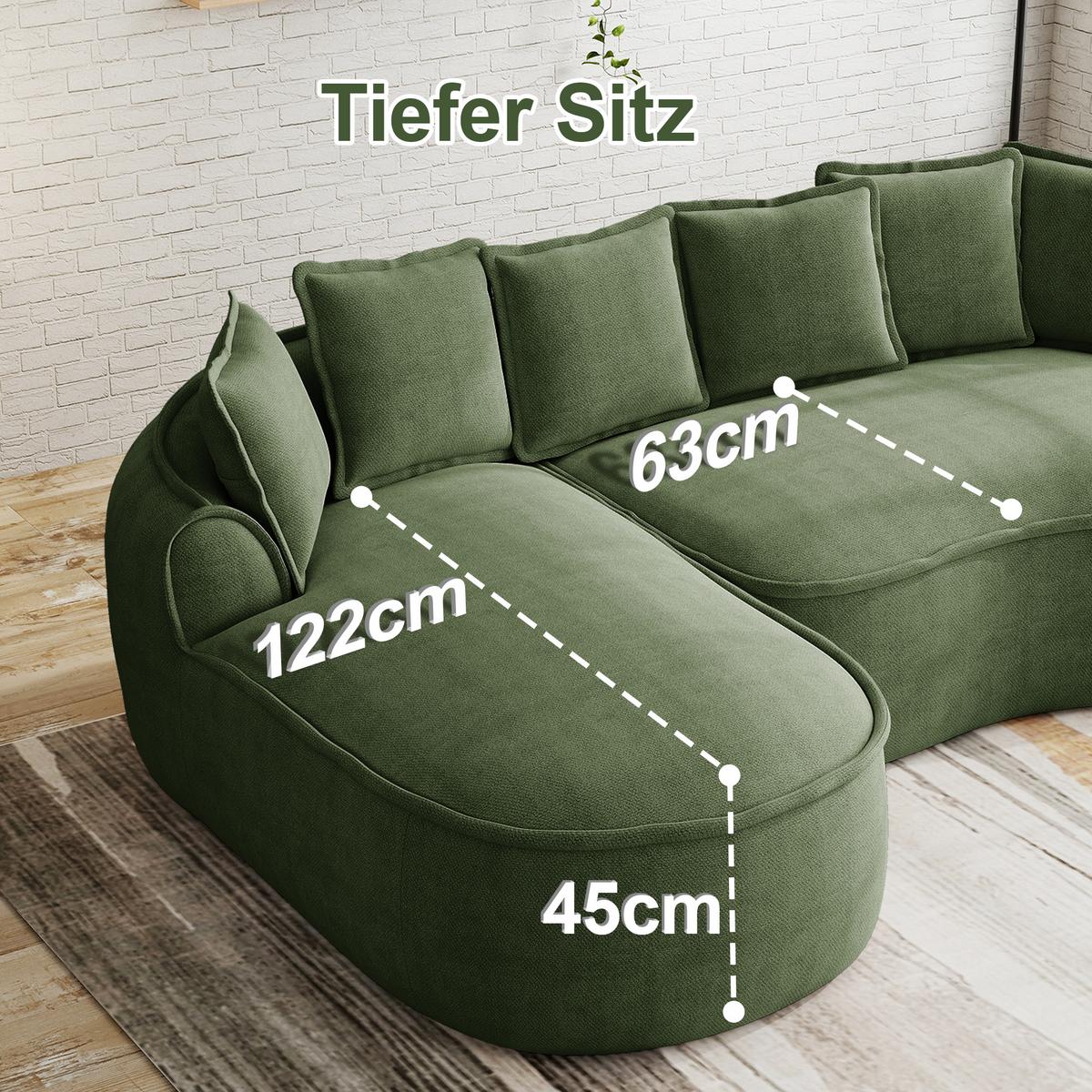 ECKSOFA chenille mit extra tiefer chaiselongue & rahmenlosem design - Grün, Textil (252/164cm) - Urban Meuble