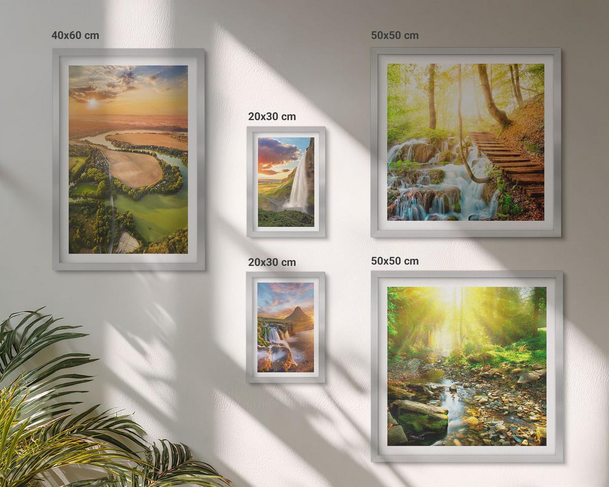 BILDER SET 5er Set - 50x50 cm & 20x30 cm & 40x60 cm Silberner Rahmen - Orange Mountain Wasserfall - Silberfarben, Kunststoff (40/60cm) - TULUP