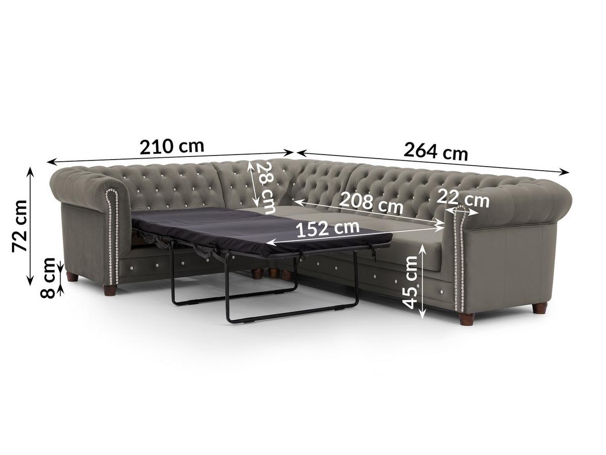 ECKSOFA mit Schlaffunktion Chesterfield Grau Samt mit Kristallsteppung und braunen Massivholzfüßen - Ottomane Links - Braun/Grau, Holz/Textil (264/210cm) - S-Style Möbel