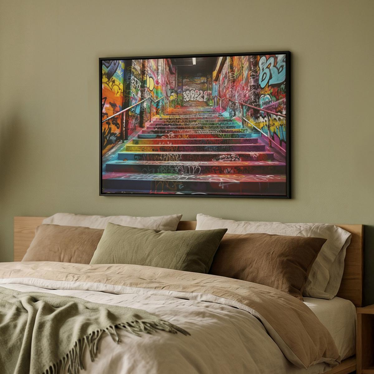 LEINWAND Bilder mit Rahmen - Treppe - Graffiti - Farben - Kunst - 80x60 - Multicolor, Textil (80/60cm) - MuchoWow