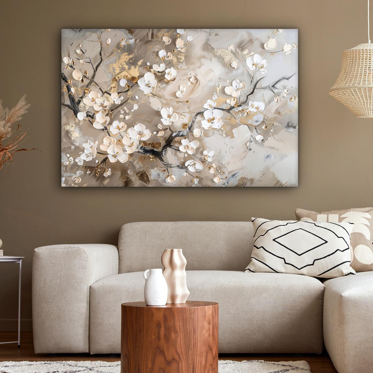LEINWANDBILD Blumen - Weiß - Gold - Beige - Luxus Wohnzimmer Groß 120x80 cm - Greige, Textil (120/80cm) - MuchoWow