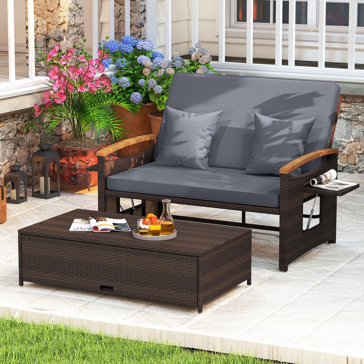 SONNENLIEGE geflochtene Doppel liege grau - Grau, Metall (164/88/72cm) - COSTWAY