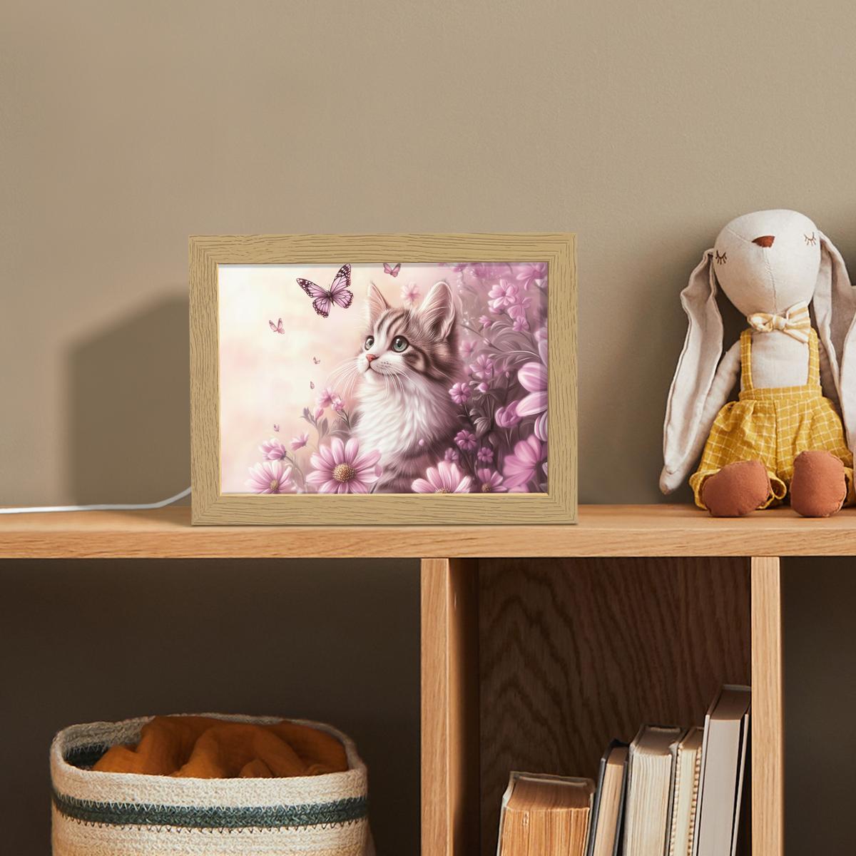 NACHTTISCHLAMPE Kätzchen - Blumen - Schmetterlinge - Lila 20x15 cm - Altrosa, Holzwerkstoff (8/20/15cm) - OnlyWow