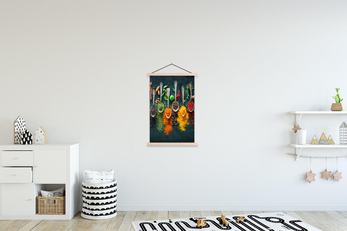 POSTER MIT MAGNETLEISTEN Kräuter - Gewürze - Löffel Wandbild Schlafzimmer 60x90 cm - Currygelb, Textil (60/90/0.15cm) - MuchoWow