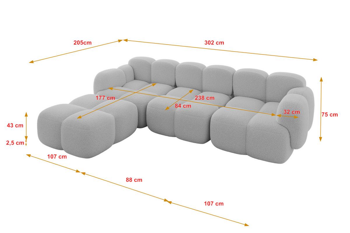 ECKSOFA modulares Sofa Links Miko-L2 302x205x75 Hellgrau Bouclé - Edelstahlfarben/Schwarz, Holzwerkstoff/Kunststoff (302/205cm) - ALTDECOR