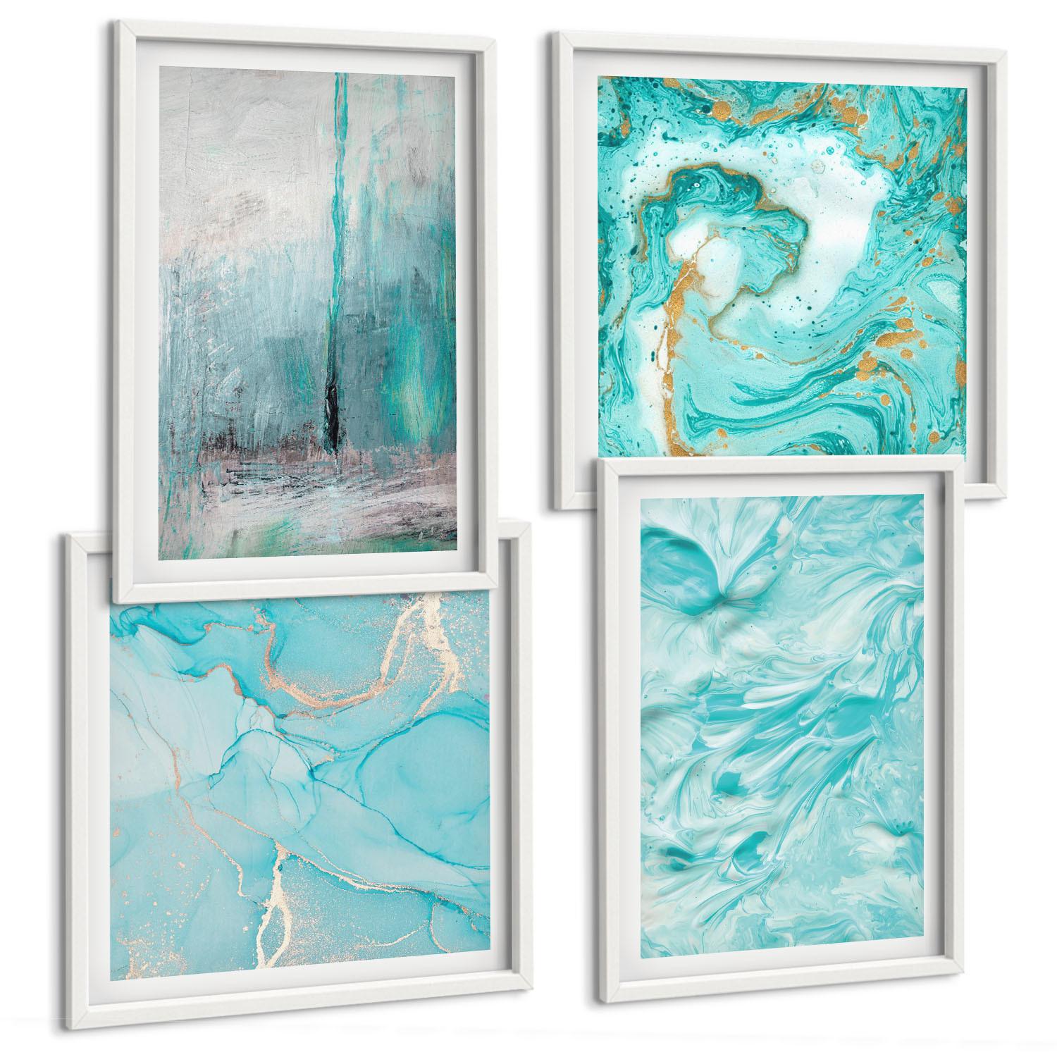 BILDER SET 4er Set - 50x50 cm & 40x60 cm Weißer Rahmen - abstrakte Muster in Blautönen - Weiß, Kunststoff (50/50cm) - TULUP