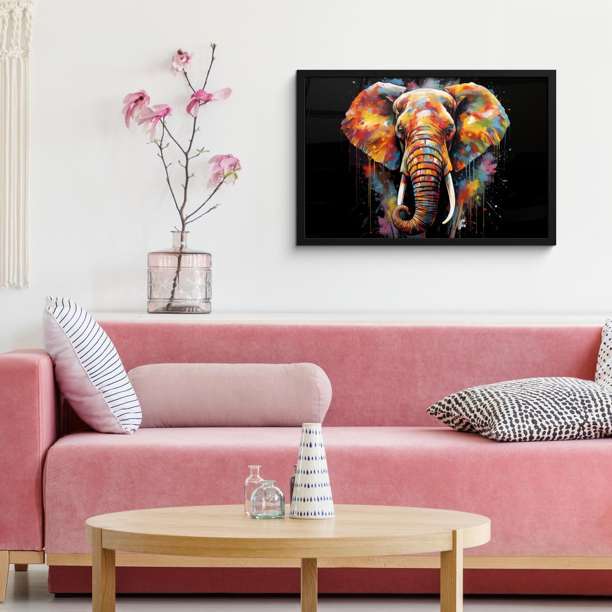 POSTER MIT RAHMENGERAHMTES BILD Elefant - Graffiti - Schwarz - Tiere - Farben 60x40 cm - Schwarz, Papier (60/40cm) - MuchoWow