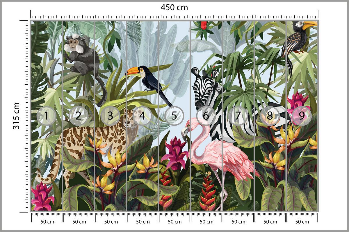 FOTOTAPETE für Kinderzimmer Tropische Pflanzen Tiere Flamingo Rippen 450x315 - Multicolor, Papier (450/315cm) - Muralo