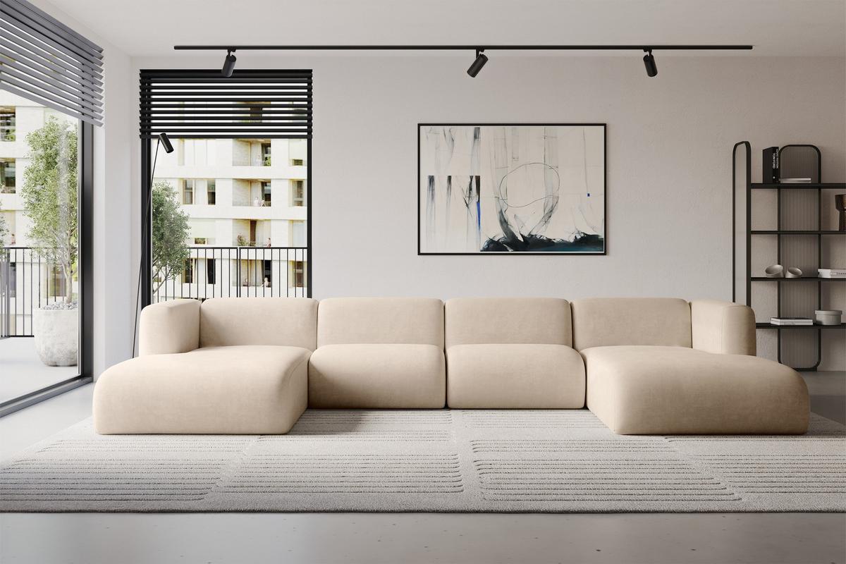 WOHNLANDSCHAFT MIRA-U2 408x179x70 Beige Velours - Greige/Beige, Holzwerkstoff/Kunststoff (408/70/179cm) - ALTDECOR