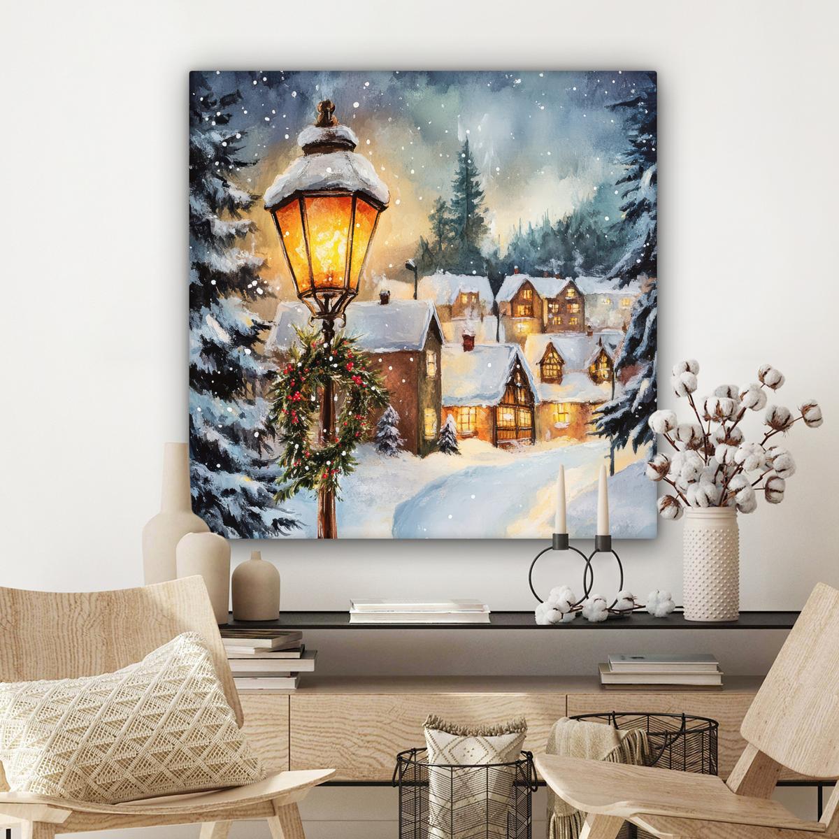 LEINWANDBILD Weihnachtsdorf - Häuser - Schnee - Weihnachten Deko Groß 90x90 cm - Sandfarben, Textil (90/90cm) - MuchoWow
