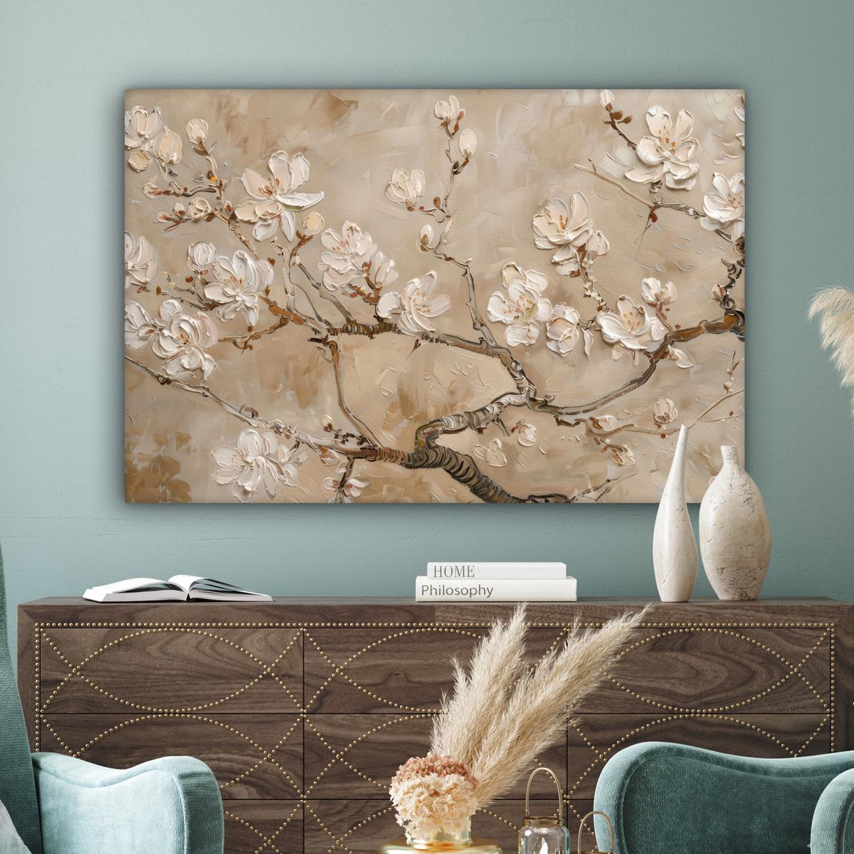 LEINWANDBILD Blumen - Modern - Beige - Weiß - Blüte Groß 140x90 cm - Beige, Textil (140/90cm) - MuchoWow