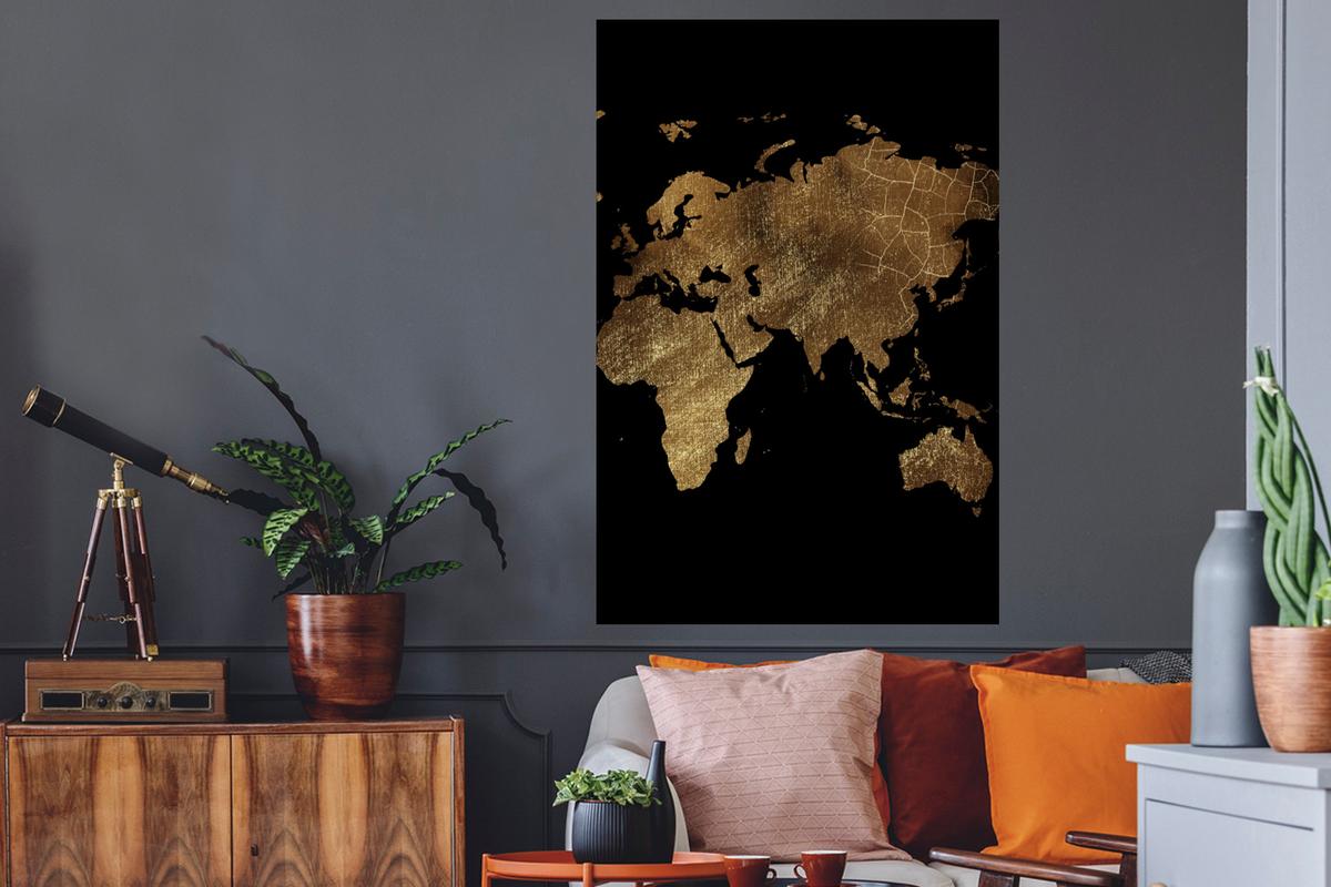 WANDTATTOO Weltkarte - Gold - Luxus - Erde - Schwarz Wandaufkleber 80x120 cm - Goldfarben, Kunststoff (80/120/0.1cm) - MuchoWow
