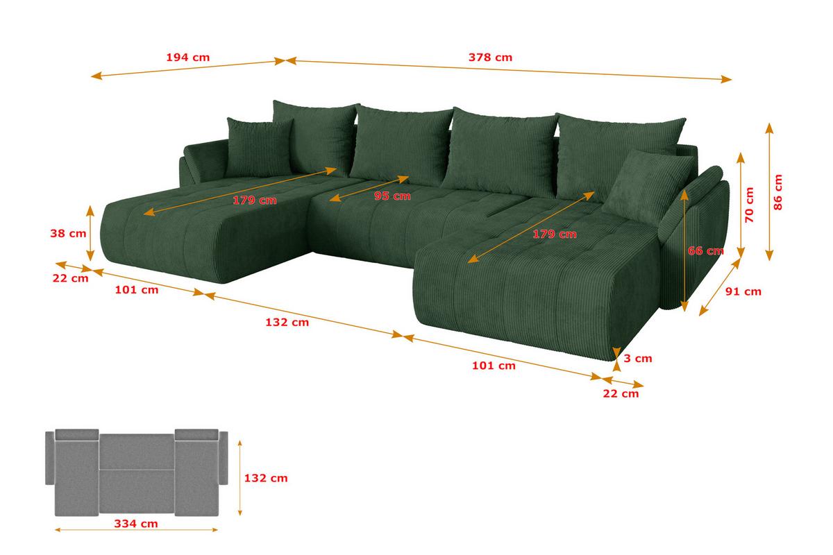WOHNLANDSCHAFT mit Schlaffunktion und Bettkasten TOKO-U 378x194x86 Grün Cord - Dunkelgrün/Schwarz, Holzwerkstoff/Kunststoff (378/86/194cm) - ALTDECOR