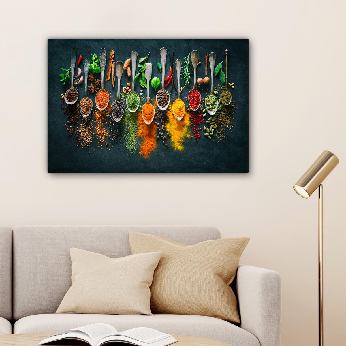 LEINWANDBILD Kräuter - Gewürze - Löffel Wanddeko 90x60 cm - Currygelb, Textil (90/60cm) - MuchoWow