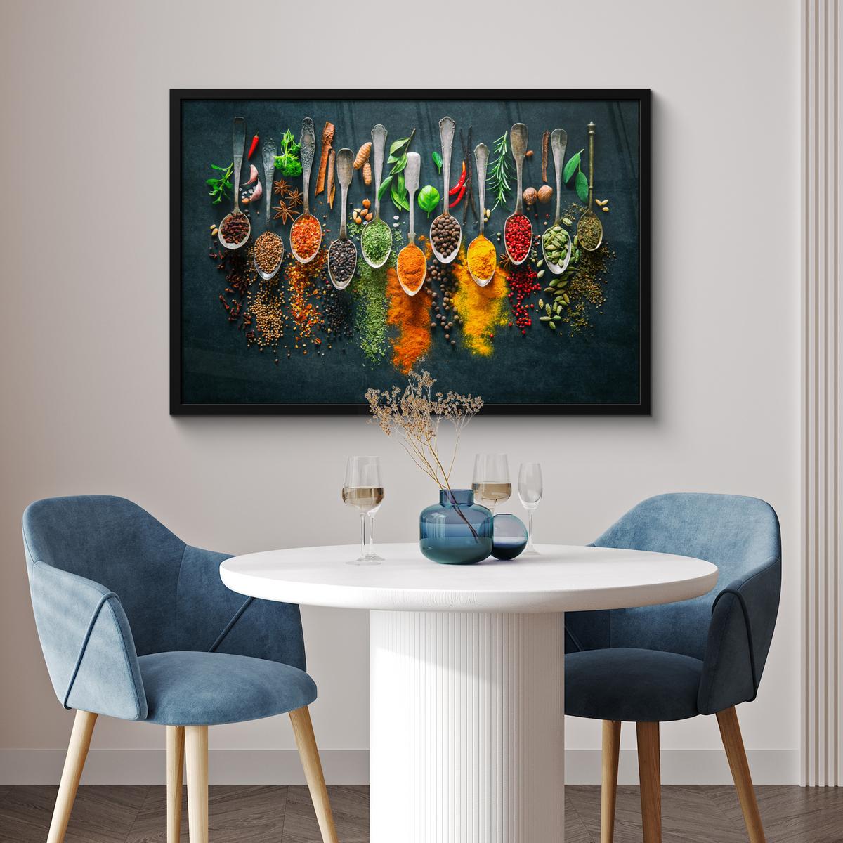 POSTER MIT RAHMENGERAHMTES BILD Kräuter - Gewürze - Löffel 90x60 cm - Currygelb, Papier (90/60cm) - MuchoWow