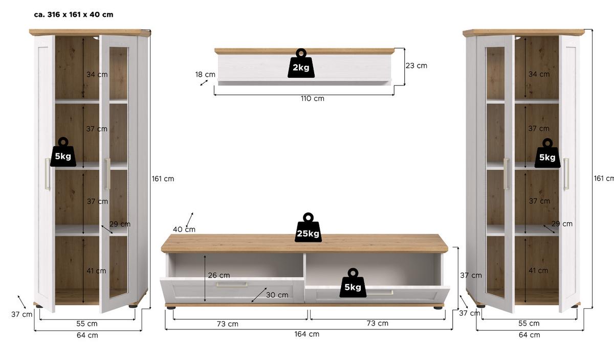 WOHNWAND 4-teilig weiß Lärche, Eiche Artisan 316 cm Landhaus, Schrankwand mit viel Stauraum - Silberfarben/Schwarz, Holzwerkstoff/Kunststoff (316/161/40cm) - Inn.Furn